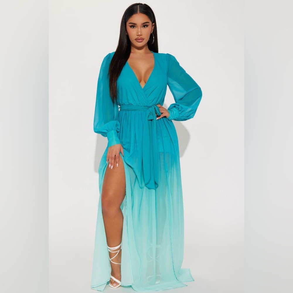 Fashion Nova Teal to Aqua Ombre Wrap Maxi Dress